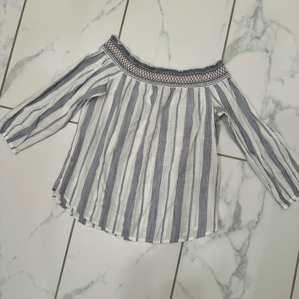 STRIPED LINEN OFF THE SHOULDER SHIRT